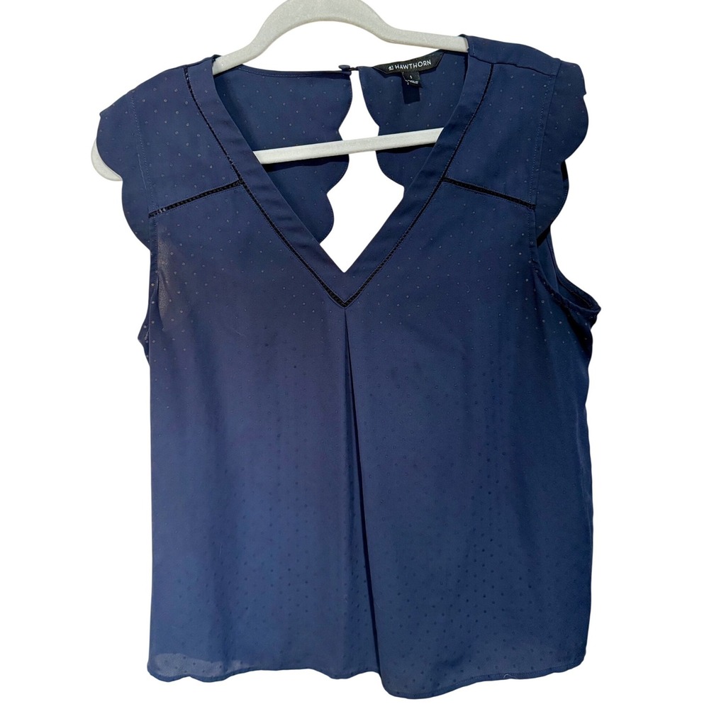 41 Hawthorn‎ Navy Blue Scalloped Open Back Polka Dot Blouse H8SHW259 Large